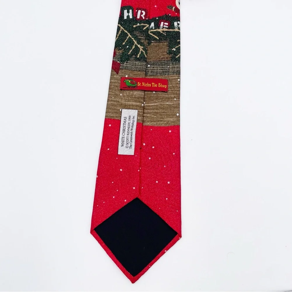 Vintage St. Nicks Tie Shop White Christmas Dog Stocking Red 100% Silk Men's Tie